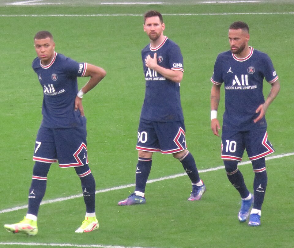 Kylian Mbappé, Lionel Messi and Neymar walking out for the second half of a Paris Saint-Germain match